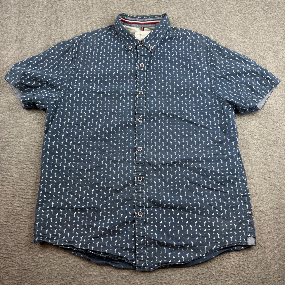 Denim & Flower Button Down Shirt Men's Large Navy Blue Flamingo Print Slim Fit